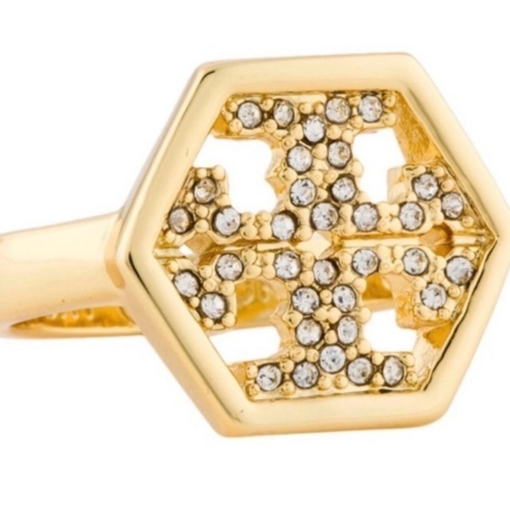 New Tory Burch Hexagon Pave Crystal Ring in gold-tone metal Size 8 with Tag